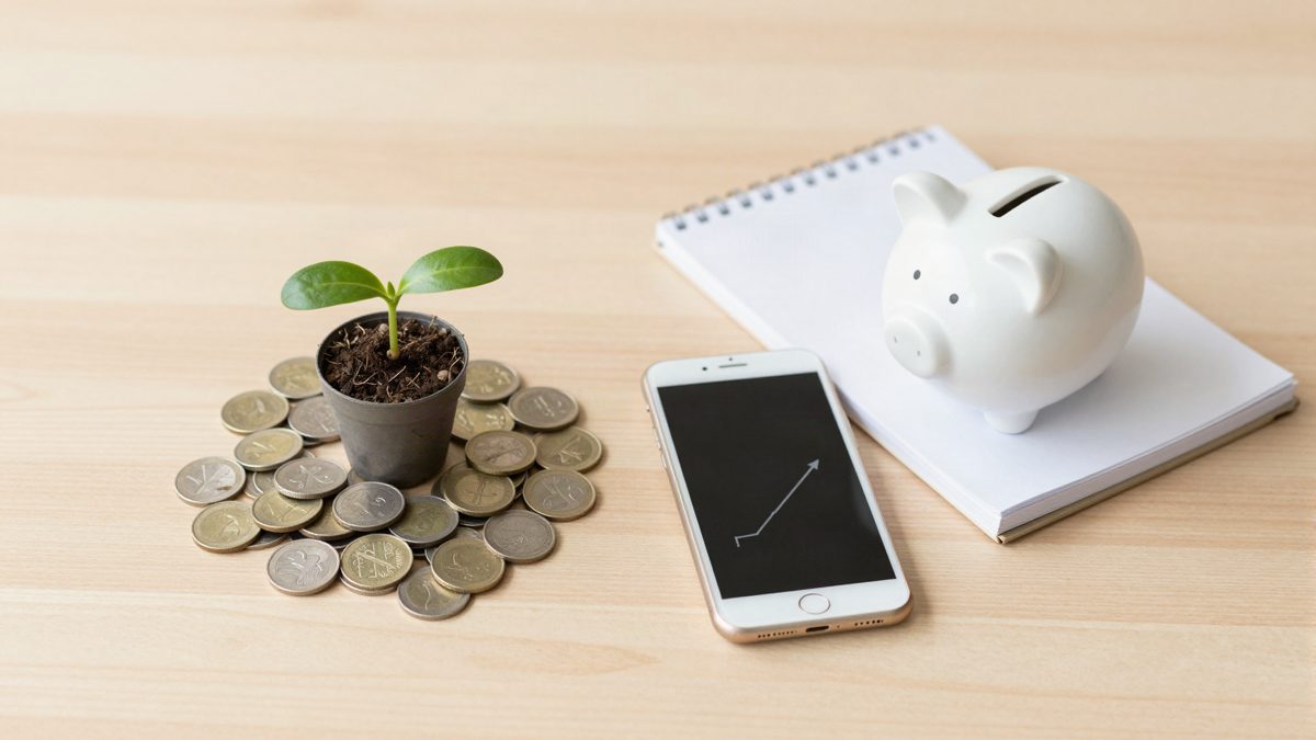 Liten grön planta som växer ur en hög mynt bredvid en spargris och en mobil med stigande graf