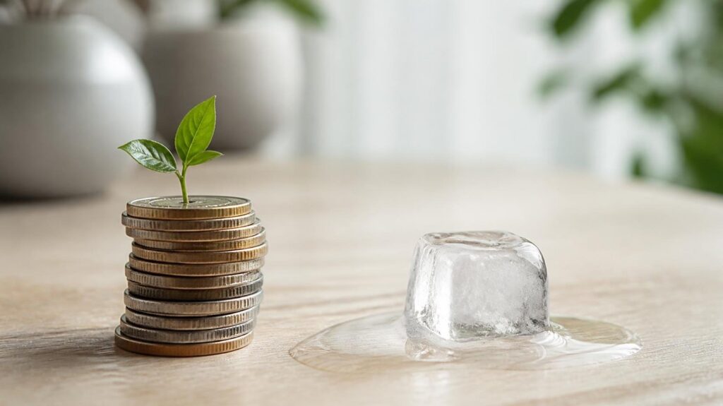 En stapel mynt med en grön planta bredvid en smältande isbit på ett ljust träbord