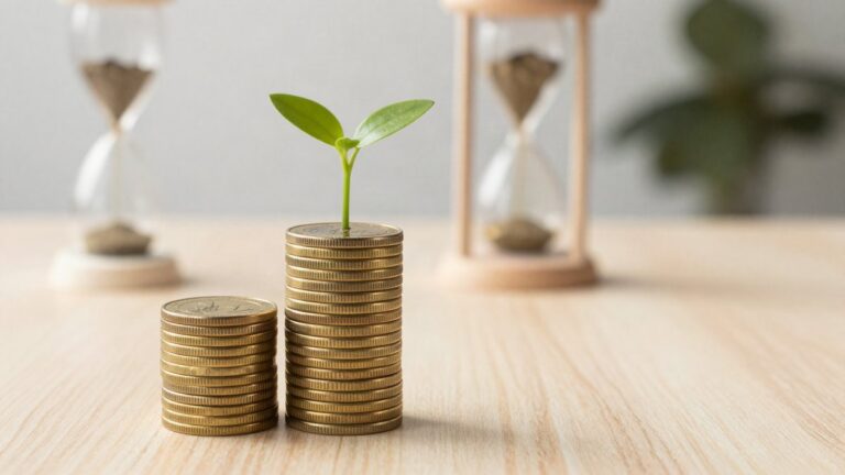 Två staplar med mynt där den högre har en grön planta på toppen, med timglas i bakgrunden